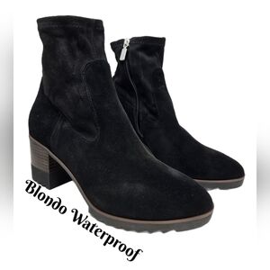 Blondo Waterproof Soft Leather Ankle Boot Sz 10M Rosalyn Black Suede Block Heel